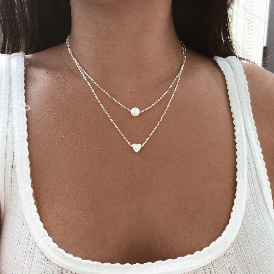 Aihua Neue Doppelschicht Halskette Für Frauen Imitation Perle Herz Anhänger Halsketten Mädchen Günstige Jewely Geschenke