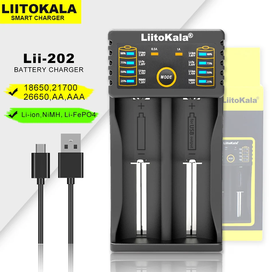 

Liitokala Lii-202 1.2V 3.85V 3.7V 3.2V 18650 18350 18500 21700 26700 26650 AA AAA NiMH Rechargeable Lithium-Battery Charger