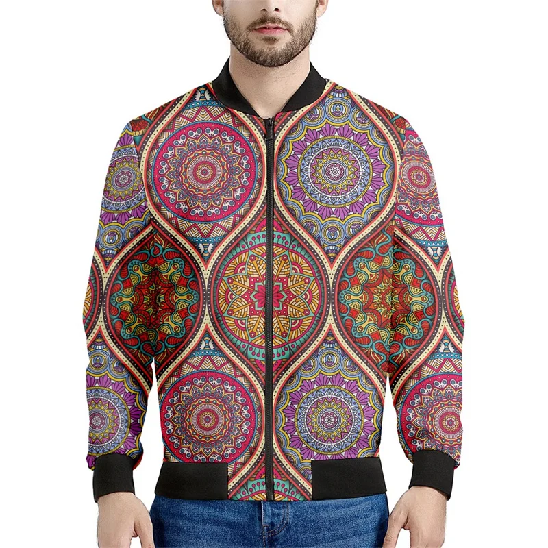 thumbnail image 1 of Chaqueta con estampado 3D de mandala bohemio para hombre, sudadera con estampado floral de primavera y otoño, abrigos de manga larga con cremallera y estilo aviador, 1 of 5
