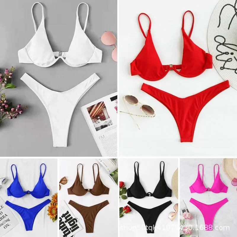 Sexy Underwire Bikini 2024 Mujer Women Solid Red Push Up Bra Thong Swimsuit Haler V Neck Bathing Suit Mini Micro Thong Swimwear