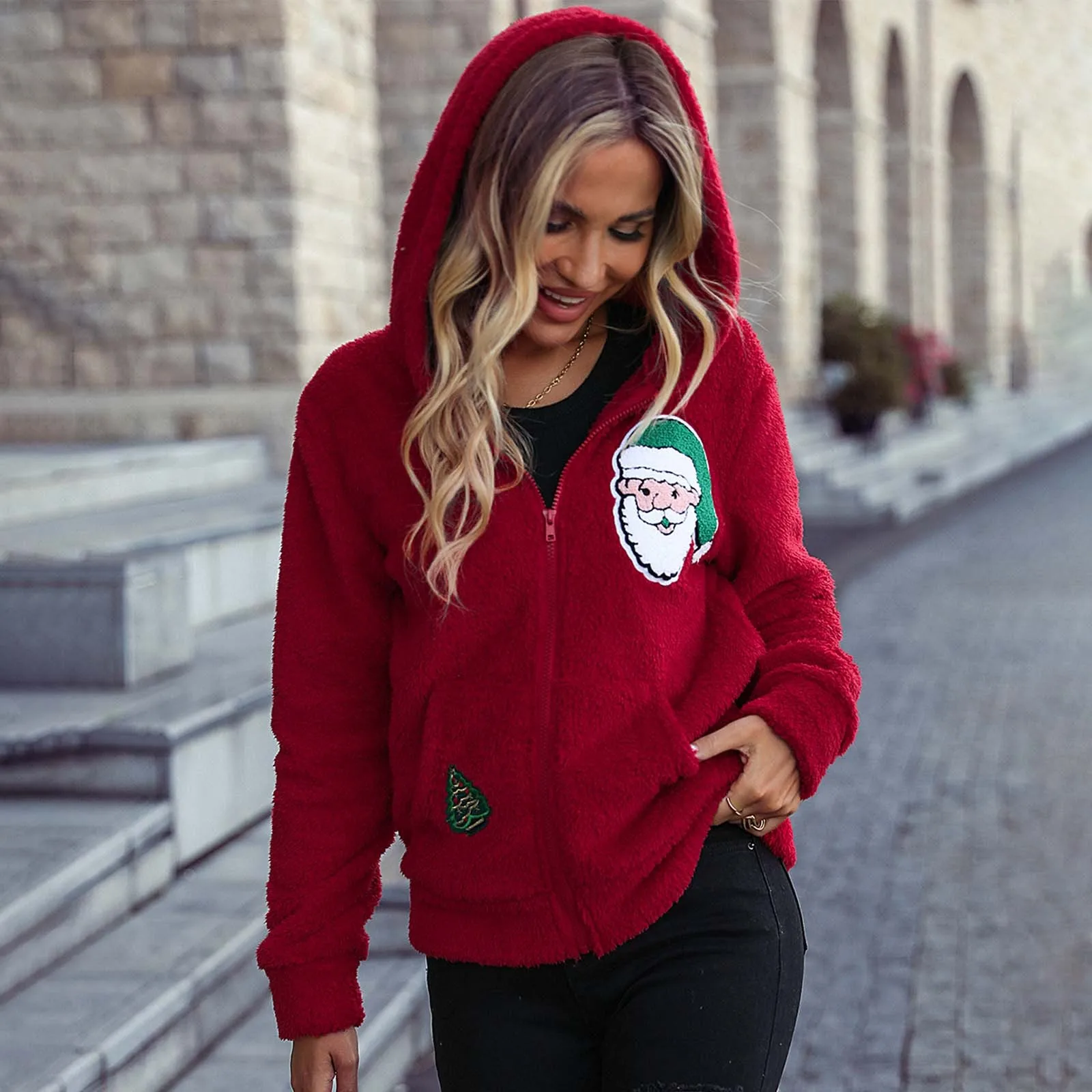 

Women'S Hooded Christmas Print Jacket Zipper Long Sleeve Loose Fleece Casual Jacket Long Sleeve Winter Outwear Streetwear