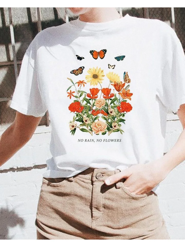

No Rain No Flowers Tee Vintage Inspired Graphic T-shirt Featuring Flowers and Butterfly Graphics Shirts Summer Fashion Tops