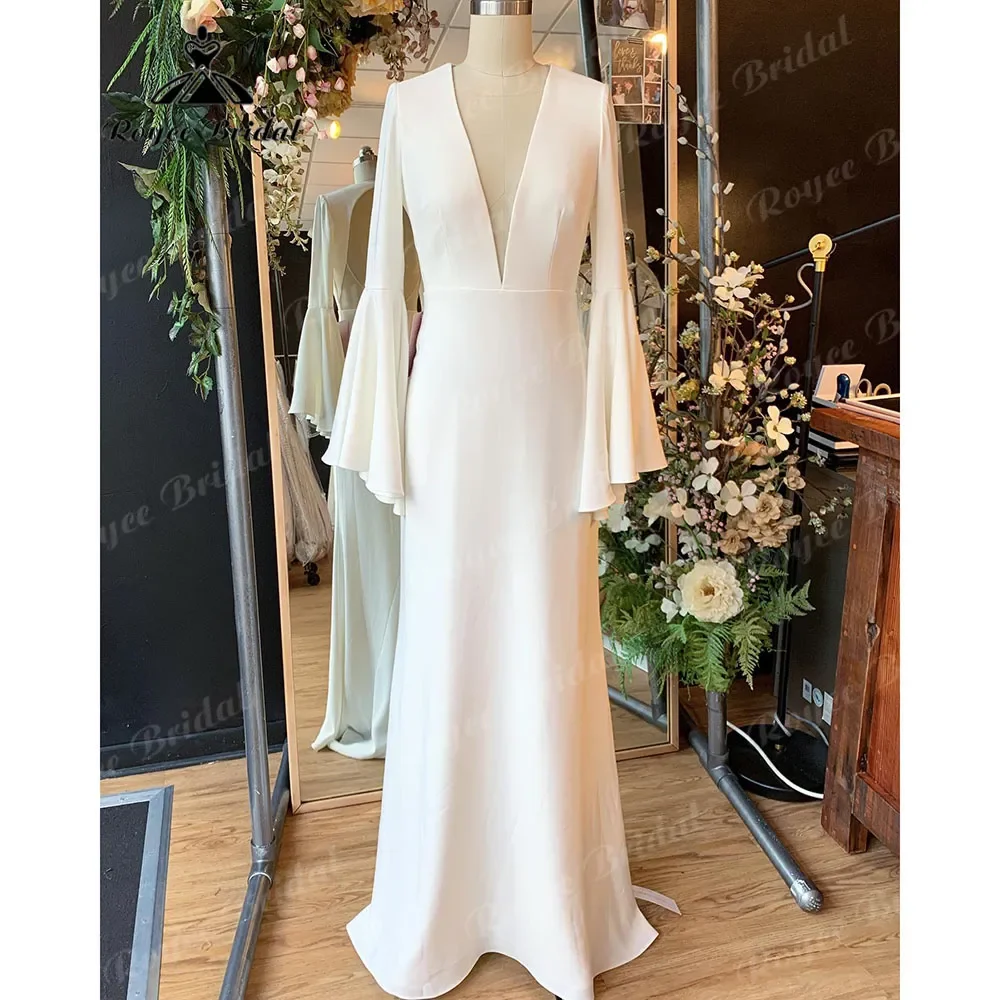 

Roycebridal V Neck A Line Wedding Dress Soft Satin Long Sleeve Backless Bridal Gown sukienka na wesele robe de soirée femme