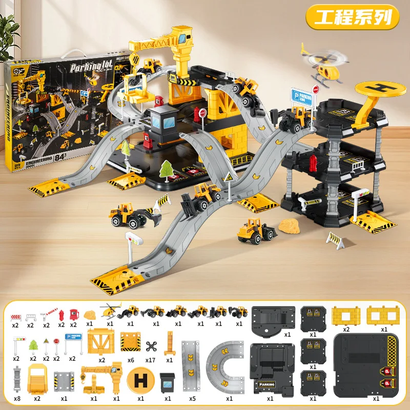 Garage Racing Track Sliding Car Parking Lot Toys Multi-Storey Car Parking Fire Police Engineering Mini Vehicle Toy For Boys Gift