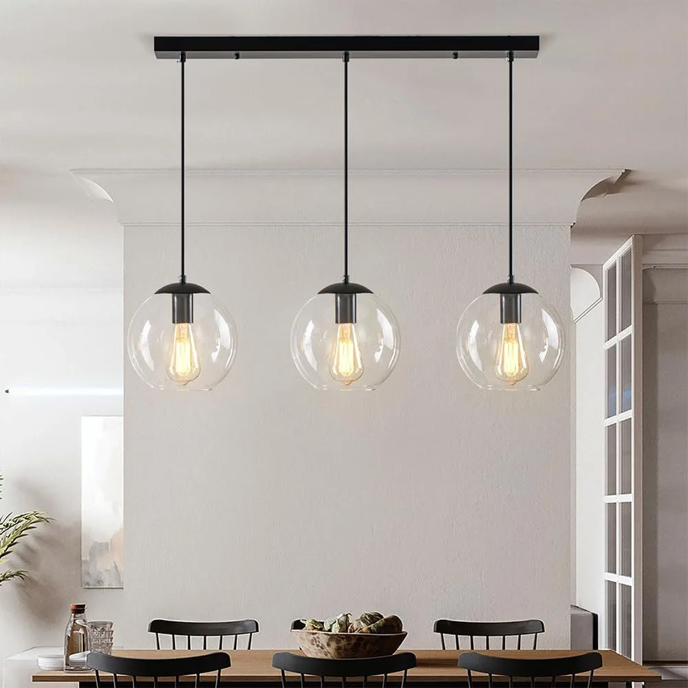 

3 Lights Globe Pendant Light, Modern Hanging Lighting Fixture, Matte Black Classic Cluster Chandelier with Clear Glass Shades