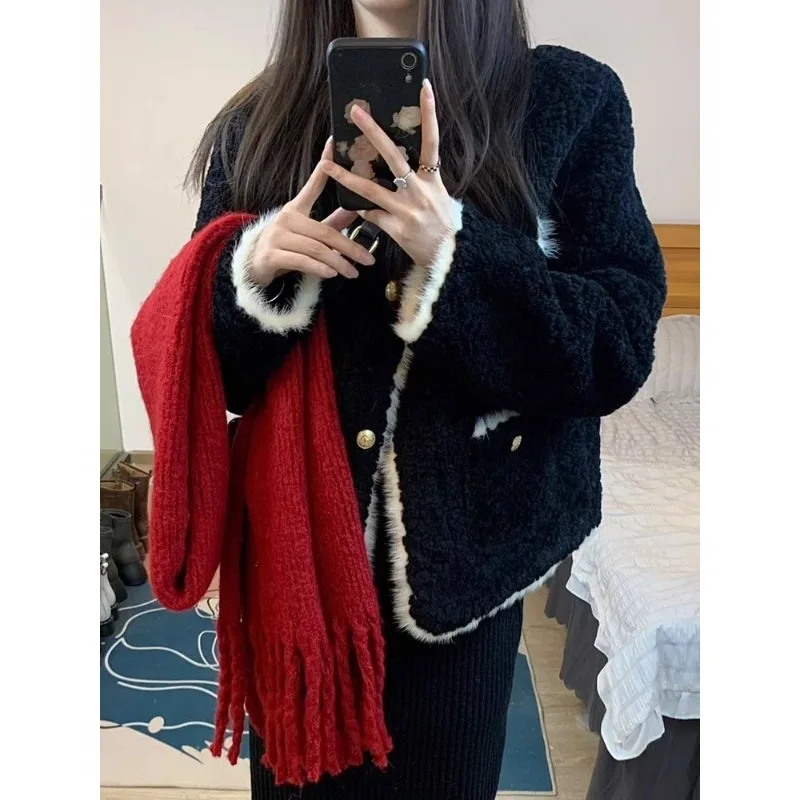 Girls Little Fragrance Women's Jacket Autumn Winter Versatile Imitation Lamb Plush Cropped Coat Black Thicken Young Top Surcoat