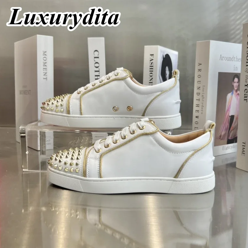 LUXURYDITA Designer Men Casual Sneakers Real Leather Rivet Luxury Womens Tennis Shoes 35-47 Fashion Unisex loafers HJ824