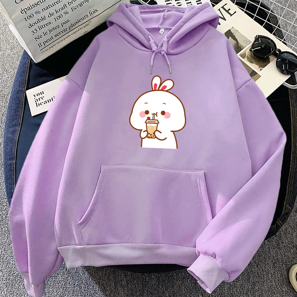 Cute Rabbit Drinking Milk Tea Hoodies for Girls Casual Long Sleeve Women Sweatshirts Winter Fleece Warm Cartoon Graphic Pullover