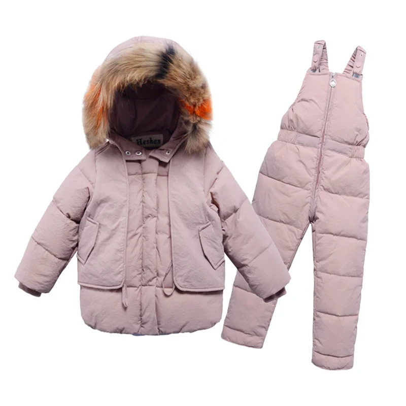 2 Pcs Kids Parka Snow Wear Outfits Boys Girls Hooded Jackets Overalls-30℃ Winter Down Suit 2-6 Years