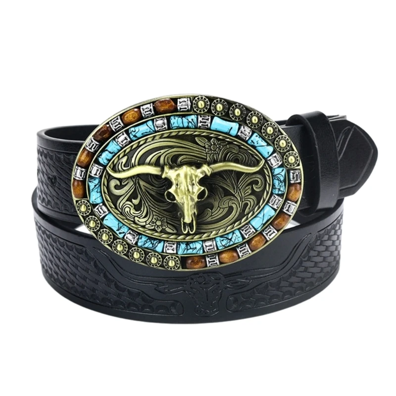 

M89E Adult PU-Leather Waist Belt with Relief Bull Head Buckle Adjustable Luxurious Waist Belt for Men Teenagers Coat Dress