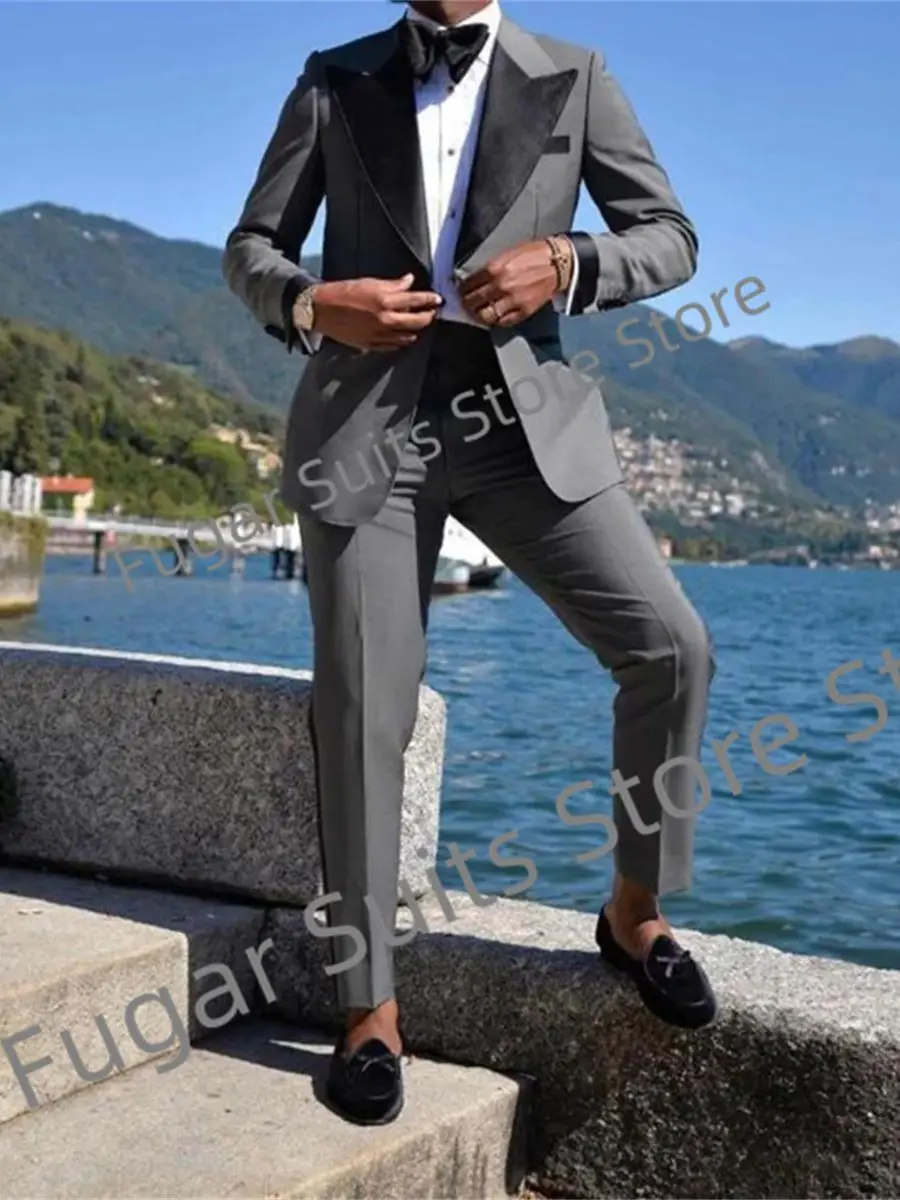 Business Classic Grey Wedding Men Suits Slim Fit Peak Lapel Groom Formal Tuxedos 2 Pieces Sets Luxuly Male Blazer Costume Homme