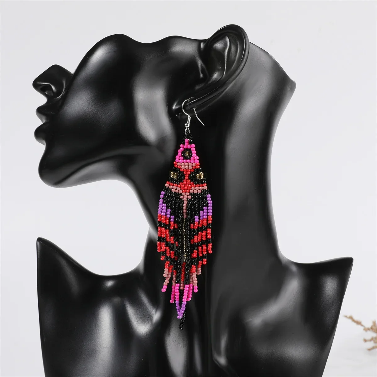 Boucles D'oreilles Pendantes Faites Main - Perles De Rocailles Roses, Fermoir Dormeuse Acier