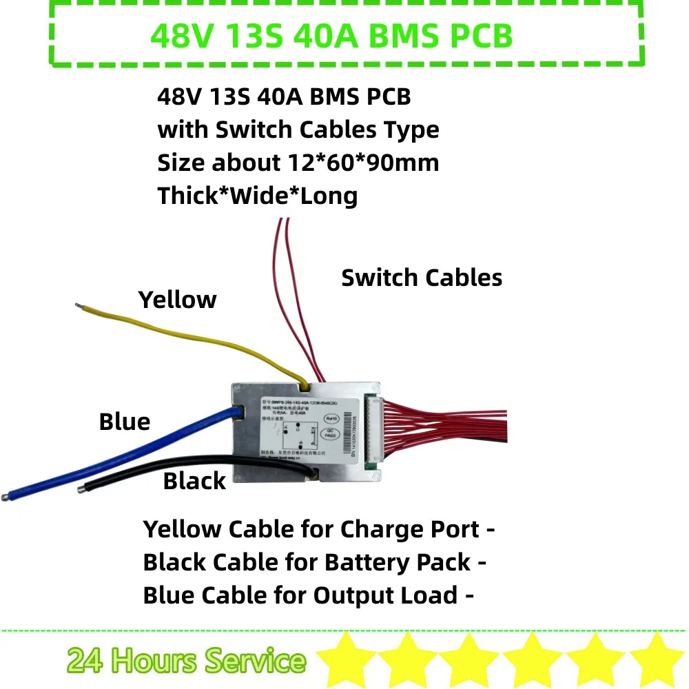 High-Capacity Li-ion Battery Pack BMS with Optional Switch and Cables