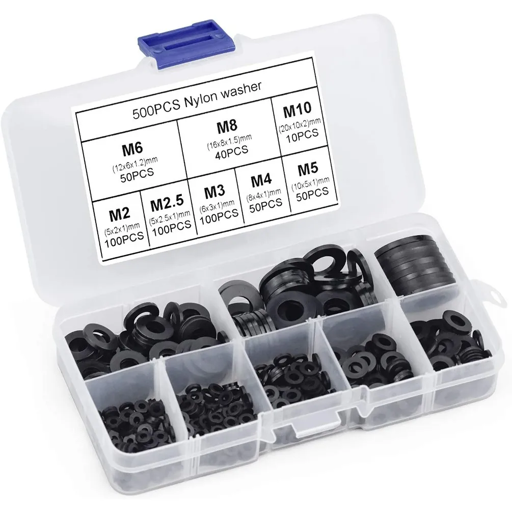 

50Pcs Nylon Flat Washers Set Washers Set Nut Washers M2 M10 Flat Sealing Washers In Black Nylon For Multiple Applications Parts