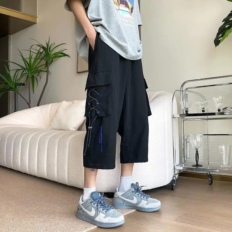Summer Elegant Fashion Harajuku Slim Fit Ropa Hombre Loose Casual All Match Cropped Pants Thin Style Pockets Straight Leg Pants