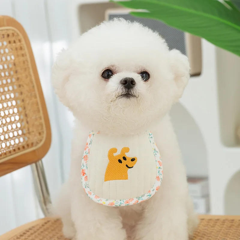 

Dog Drool Towel Cute Dog Head Quilted Bib Ins Style Teddy Scarf Pet Triangular Towel Pet Accessories