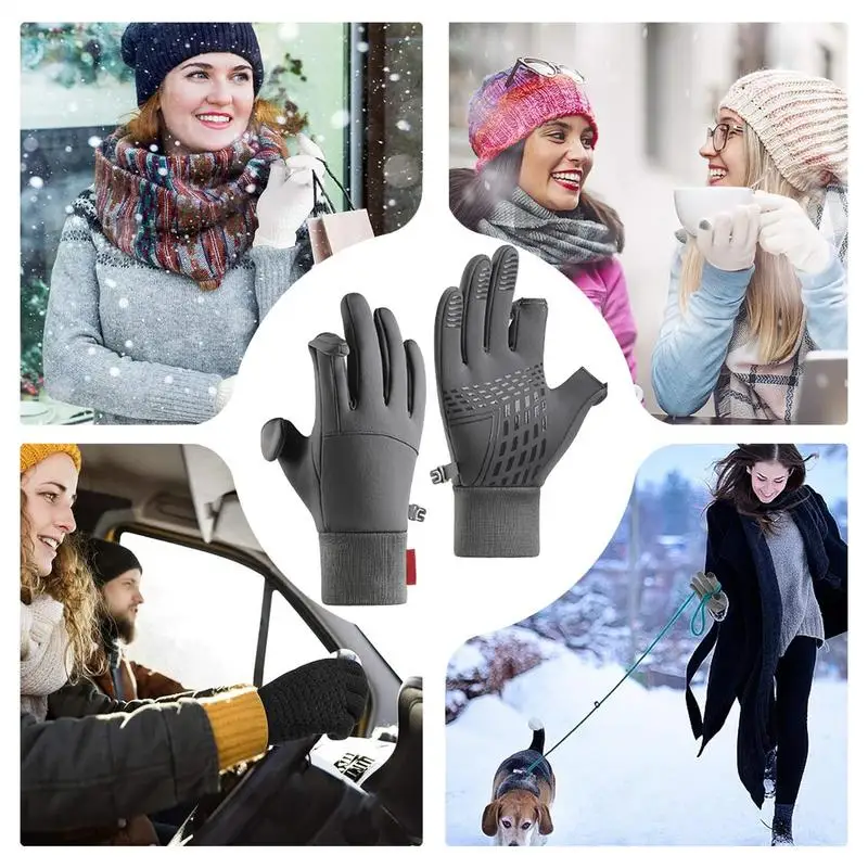 Hiking Gloves Waterproof Non-slip Gloves With 2 Fingerless Design Fleece-Lined Winter Gloves Warm Running Gear For Women Men 4
