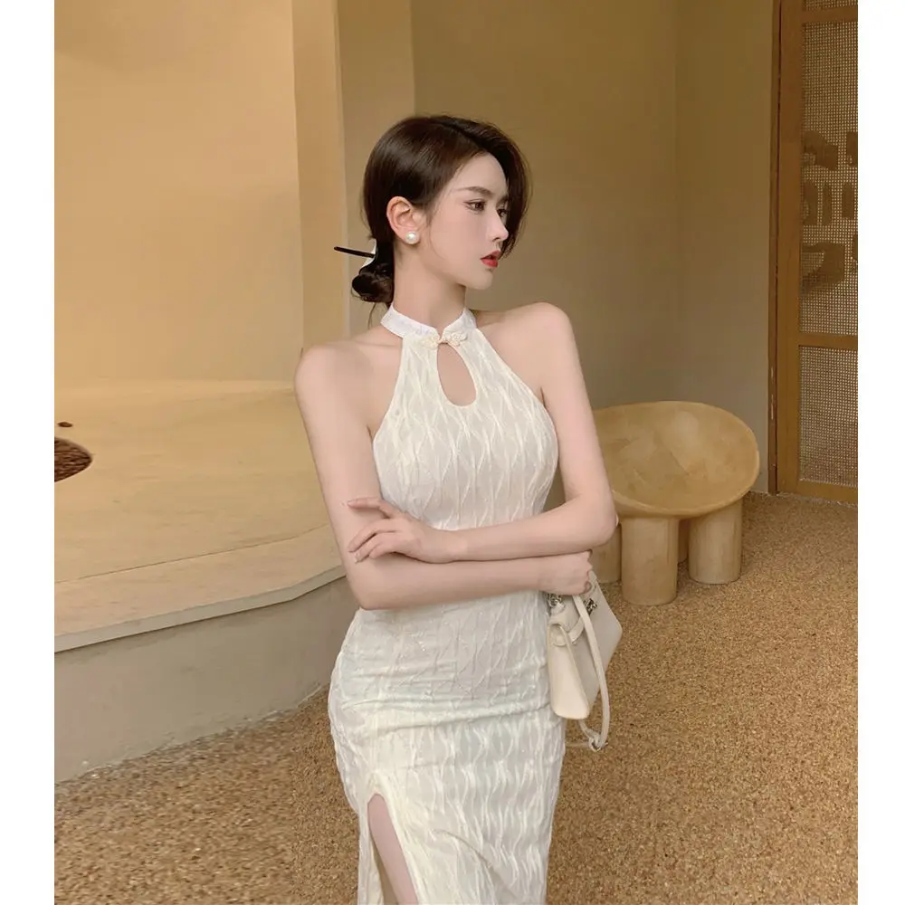 

Oriental Halter Qipao Dress Female Summer Chinese Style Niche Split Evening Dress Sexy Elegant Improved Cheongsam Fashion Party