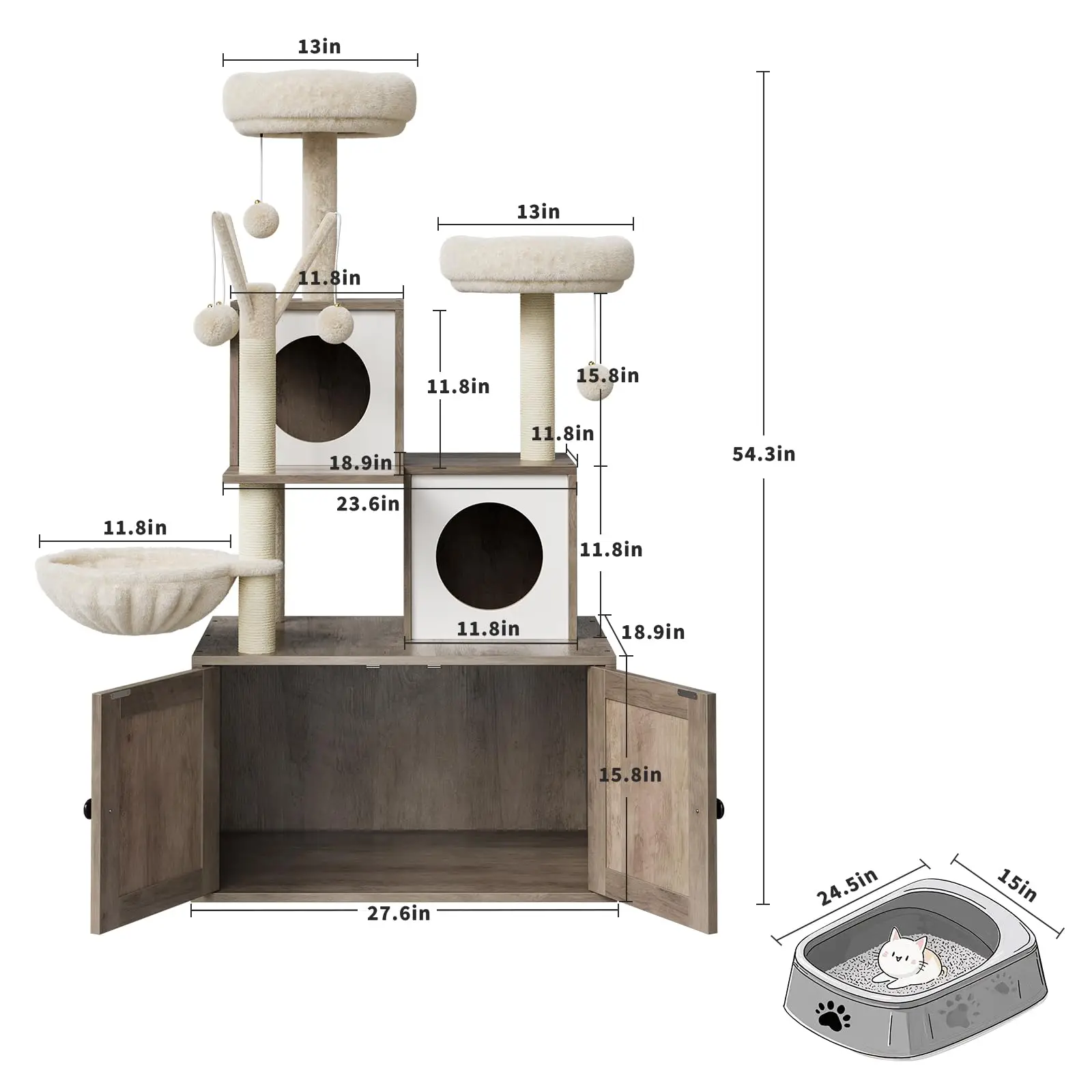 55,1-Zoll-Kratzbaum mit Katzentoilettengehäuse, 2-in-1 moderner Katzenturm mit Katzenwohnung/Hängematte/Kratzbaum/Barsch/abnehmbarer Pumpe – Detail 8