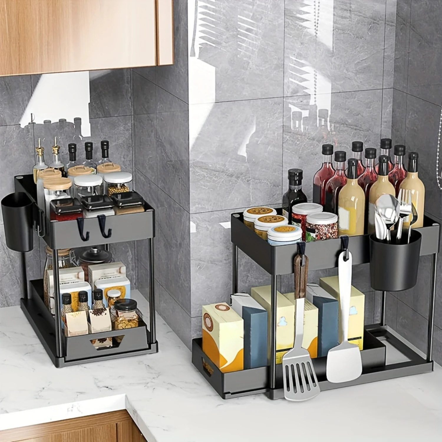 Large Capacity Under Sink Organizer with Sliding Drawer - Ideal for Kitchen Storage & Organization of Dishes, Spices, Oils, Coff 4