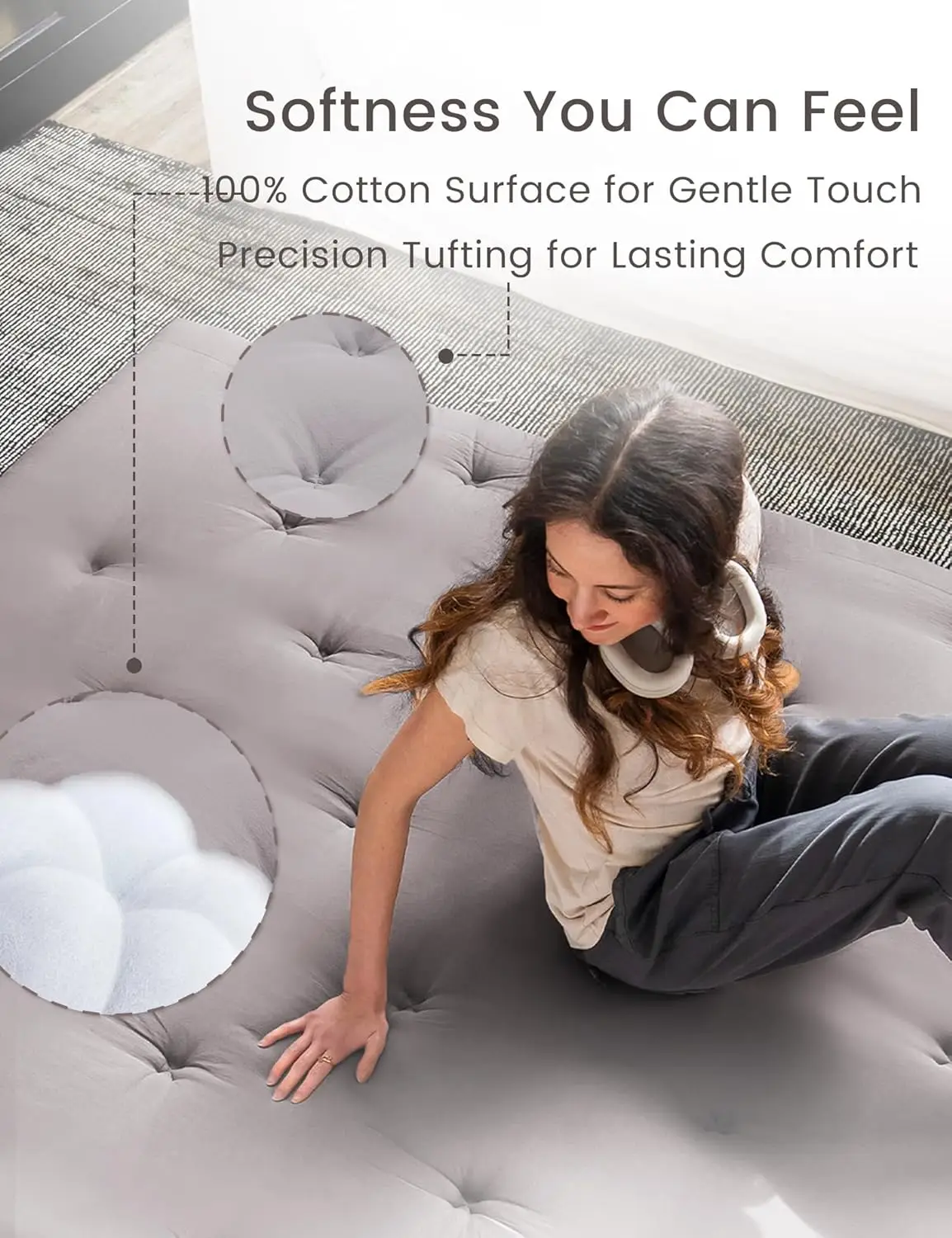 Queen Japanese Floor Futon 60 &ldquo;x80&rdquo;, Cotton 4'' Thickened Tatami Mattress, Adult Rollaway Floor Lounger (Gray)