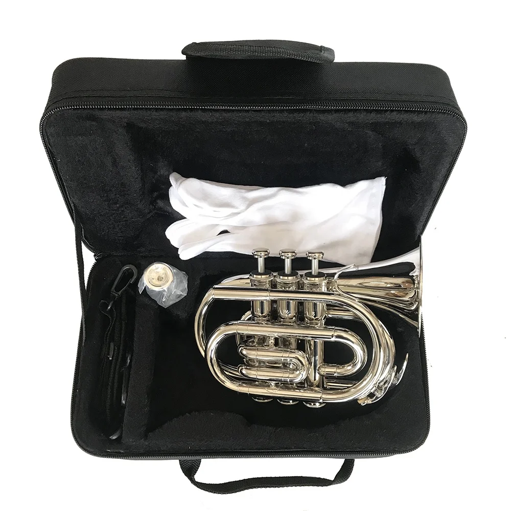SEASOUND Mini Pocket Trumpet BB Tone Brass Instrument Trompette JYPT406N With Nickel Finish