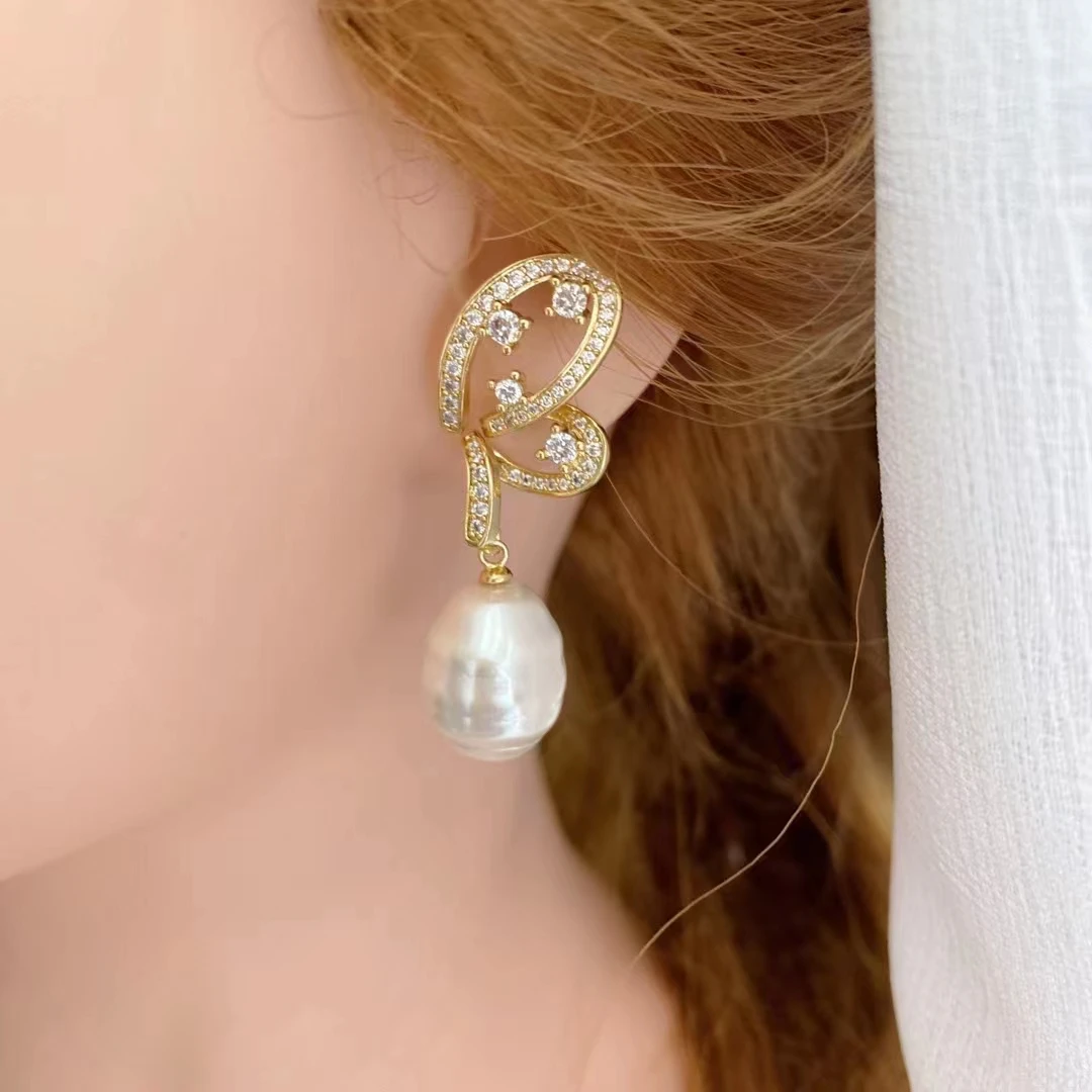 Natural White Keshi Baroque Pearl White Gold Color Plated CZ Paved Stud Dangle Earrings For Women