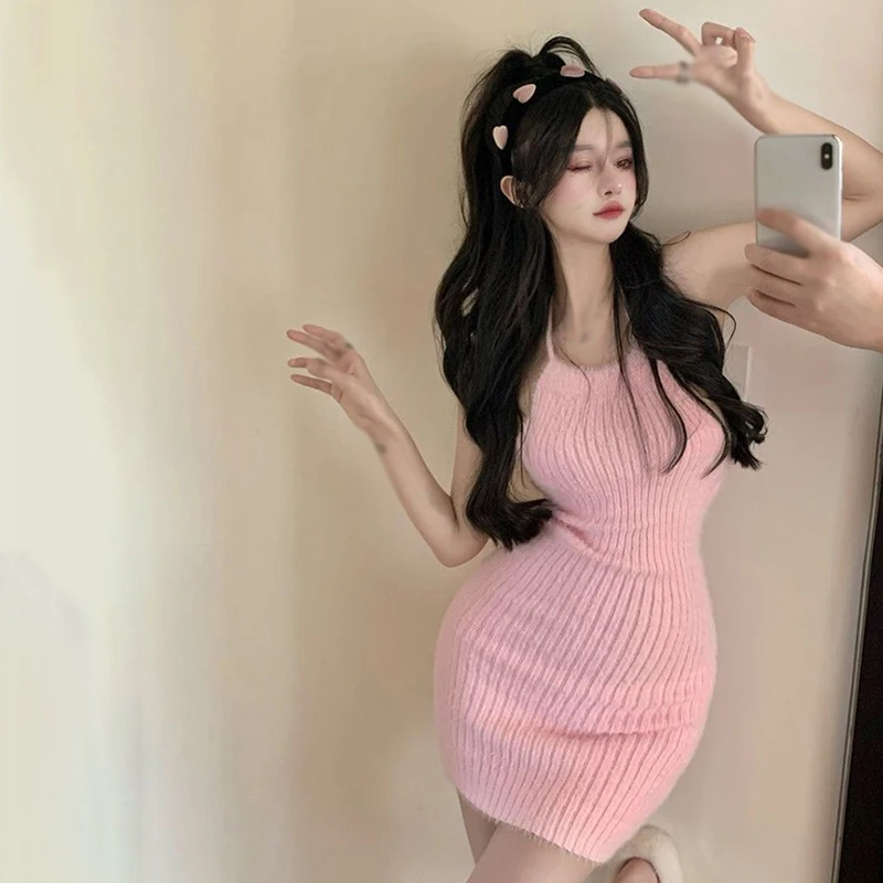 Women's Halter Neck Suspender Dress Lint Knitted Camisole Slim Dress Korean Version Hip Wrap Dress 4