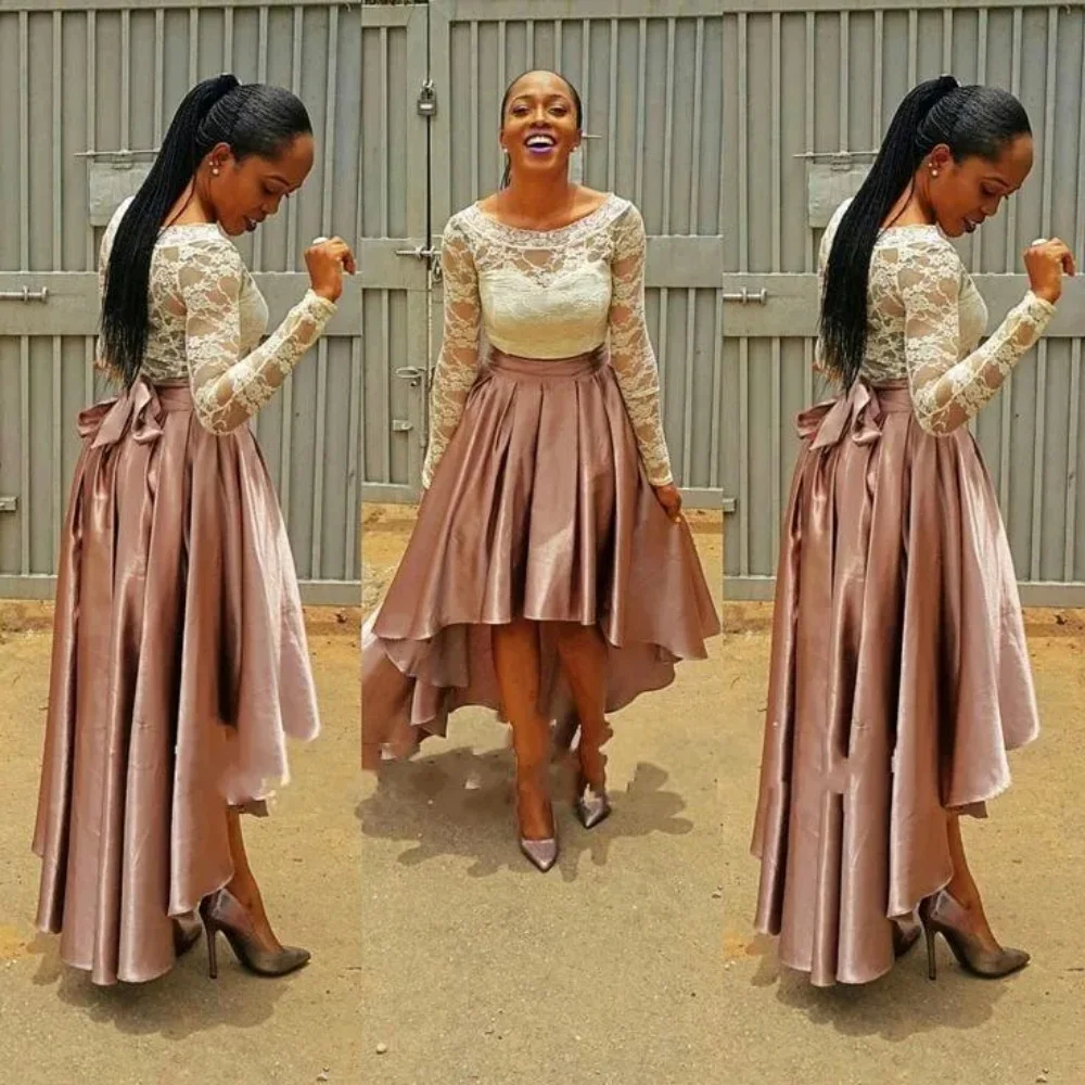 

High/Low Train Wedding Dress For Women O-Neck Lace Satin A-Line Prom Dress Bridesmaid Dress Long Sleeve Plus Size Evening dress