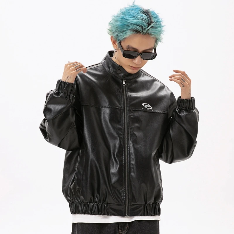 

Standing Collar Leather Jacket Men's Spring Autumn Women's Couple Tide Pu Leather Embossed Printed Flower Loose Jacket Pocket