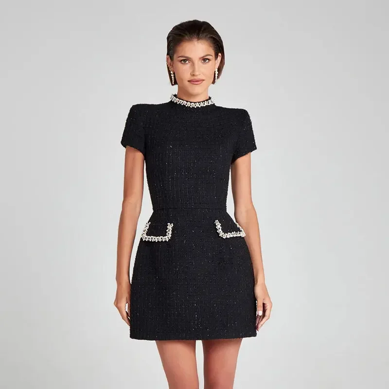 Elegant Tweed Short Party Dress Women Long Sleeve Square Collar Fake Pocket Evening Dresses Autumn Shiny Slim A-line Robes
