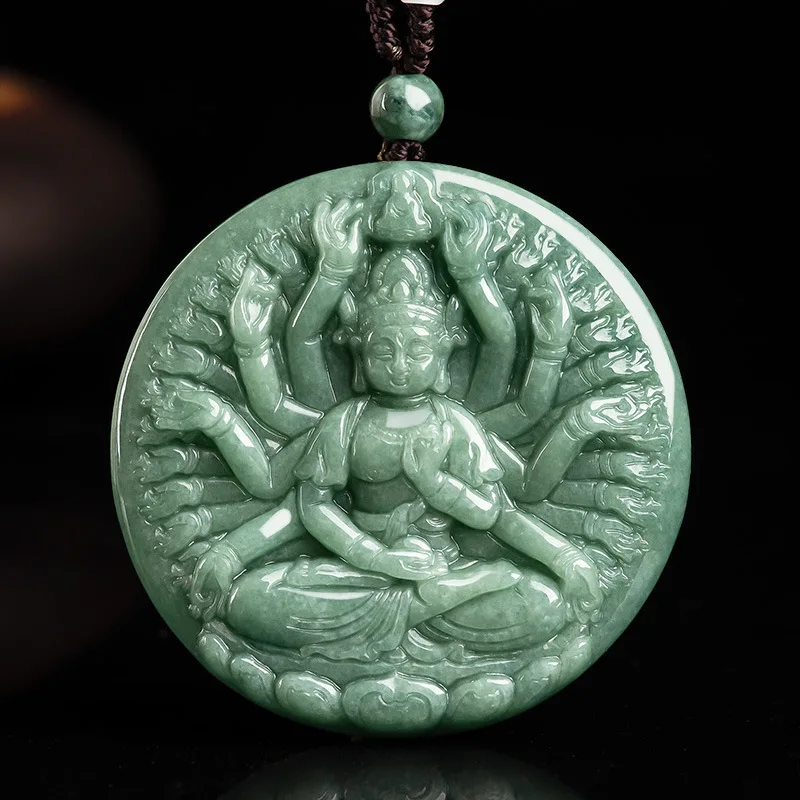 

Natural A+ Burmese Jade Bean Green Hand-carved Thousand-Hand Guanyin Emerald Fashion Accessories Men and Women Couples Gift