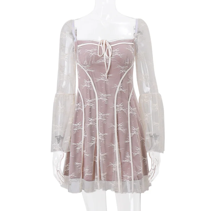European and American women's new flared sleeve ballet style sexy and pure desire lace wrapped chest print long sleeved dress