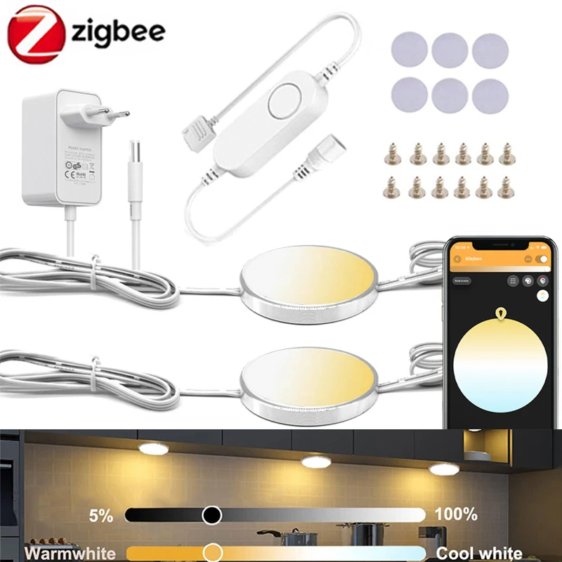 Zigbee 3.0 Under Cabinet LED CCT Light Warm+White Double Color Temperature Round Lamp Work with Cupboards Cabinets and Wardrobes