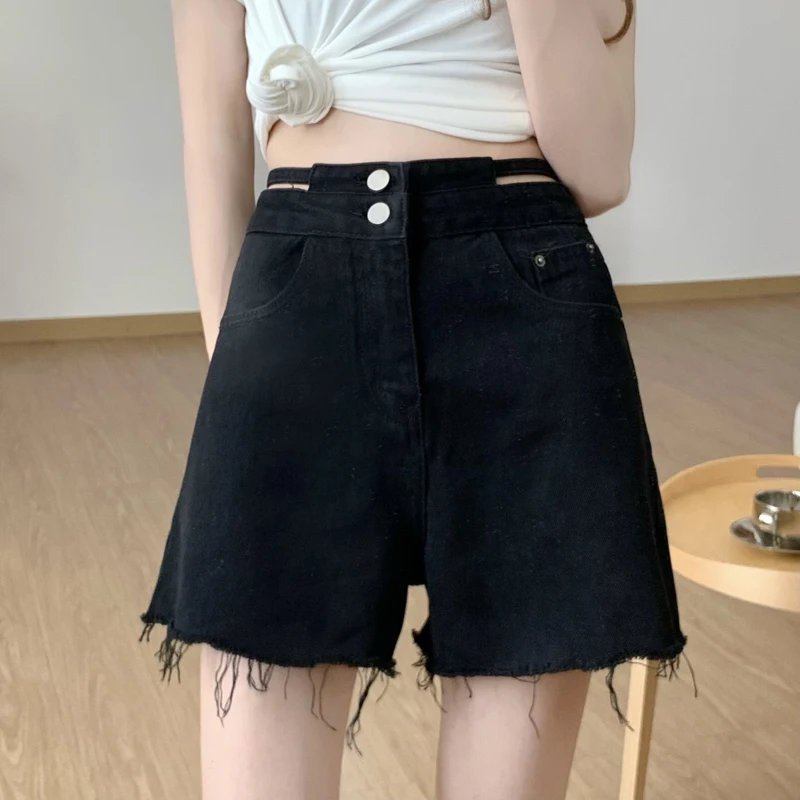 Y2K Fashion Women's Denim Shorts High Waisted For Summer Solid Raw Edge Korean Version Casual Hollow Out Wide Leg Jean Pants