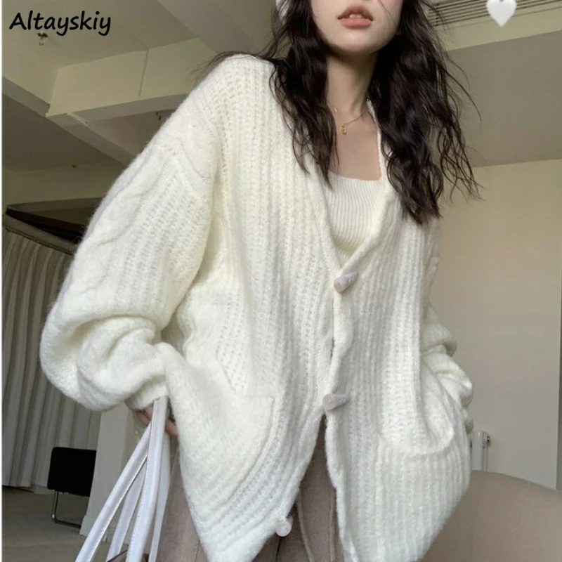 

Кардиган женский свободного покроя, однотонный мягкий свитер с карманами, на пуговицах, в Корейском стиле, осенняя простая Универсальная Ретро одежда