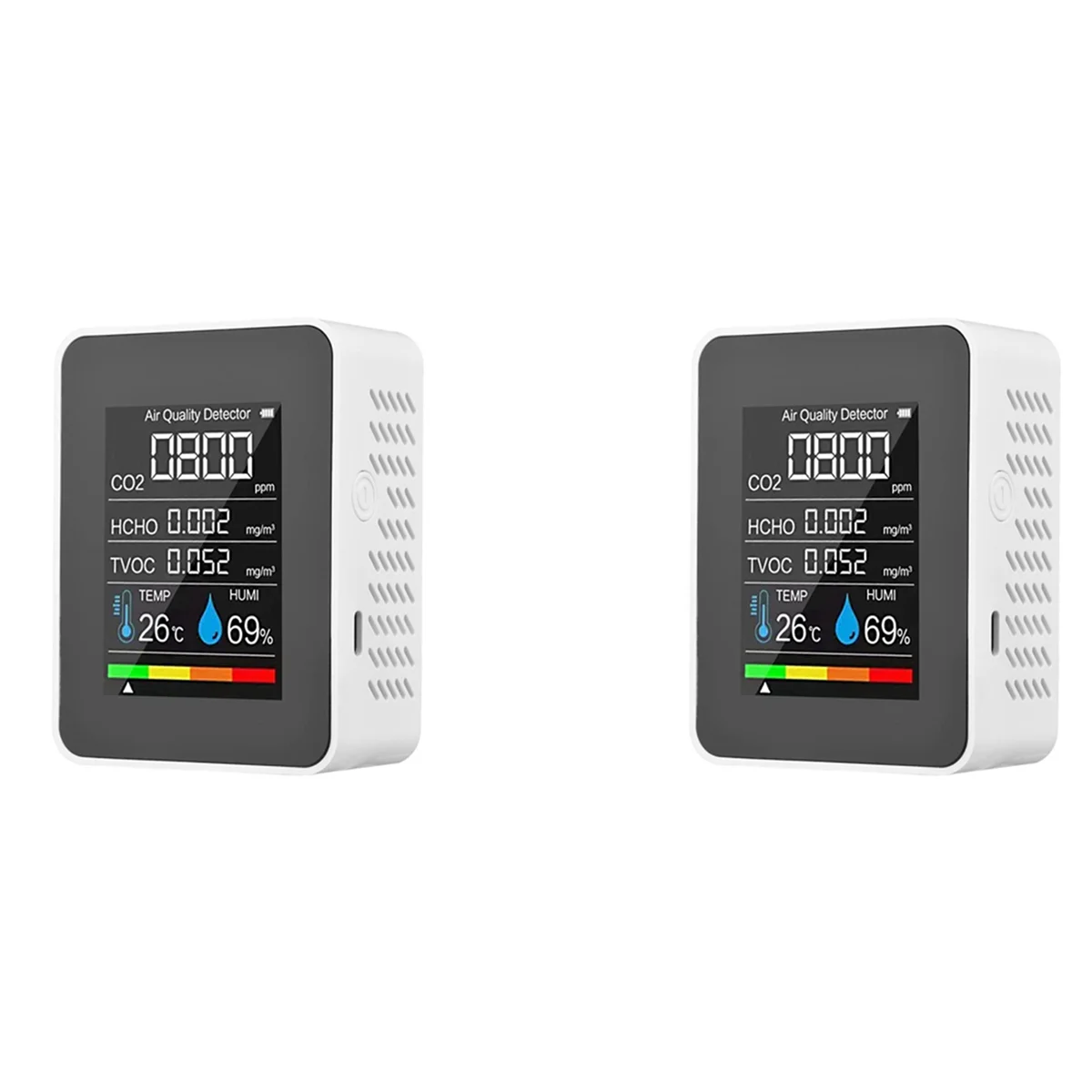 

2x5 в 1 монитор качества воздуха TVOC HCHO Измеритель температуры и влажности CO2, USB Перезаряжаемый детектор CO2 белый
