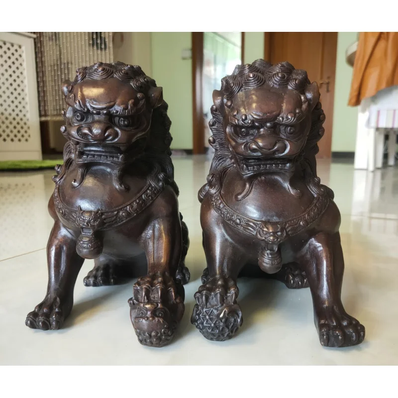 

8" Collectables Bronze copper Lion Fengshui Door Lions Fu Foo Dogs Pair Statue