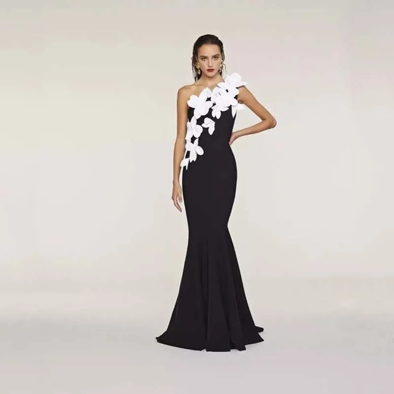 

White And Black Elegant Mermaid Prom Dresses One Shoulder 3D Flowers Formal Long Dress Women Evening Pageant Gowns Custom Made