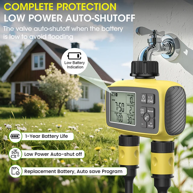 2-ZONE Digital Water Timer Automatic Irrigation Controller Garden Flower Plants Watering Device Programmable Timed Sprinkler 5