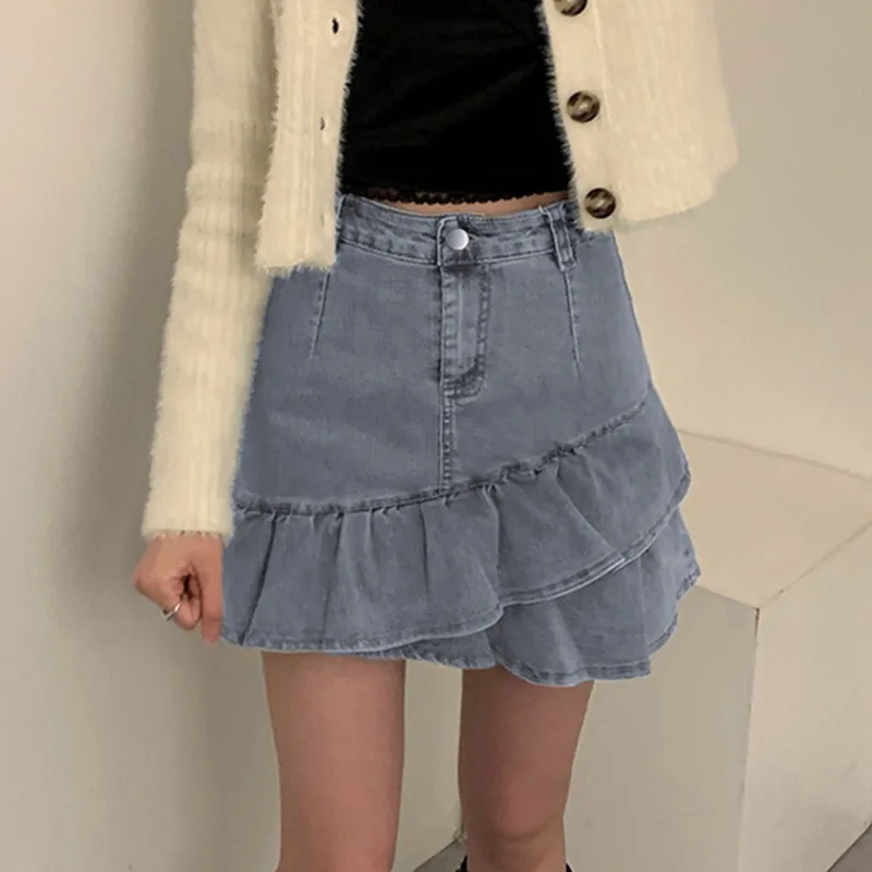 Summer High Waist A Line Denim Skirt Korean Style Elegant Casual Gothic Faldas Mujer 2021 Women Sexy Pleated Mini Jeans Skirts fagadoer blue sexy v neck denim jumpsuits women off shoulder bodycon wide leg pants one piece playsuit casual solid hole overall