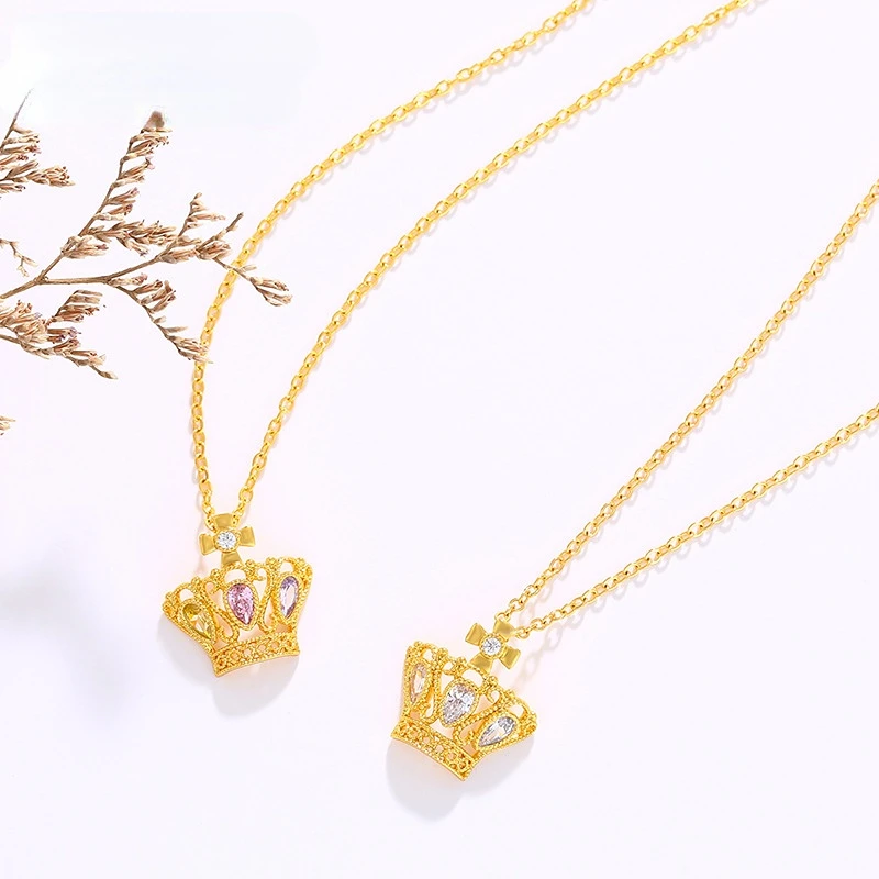 

24k Pure Gold Color Crown Shape Gem Necklace for Women Bride 999 Gold Chains Wedding Birthday Party Fine Jewelry Gifts