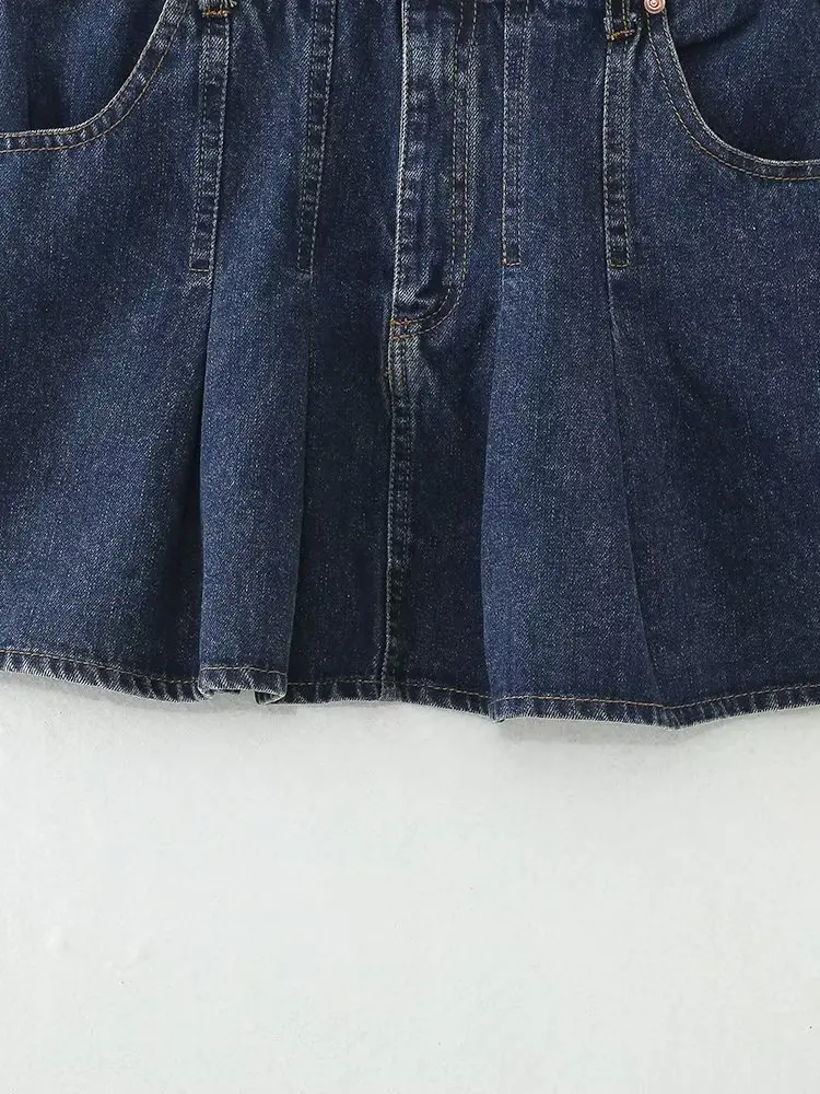 Withered British Fashion Blogger High Street Pleated A-line Denim Skirt High-Waisted Sexy Mini Skirt For Women