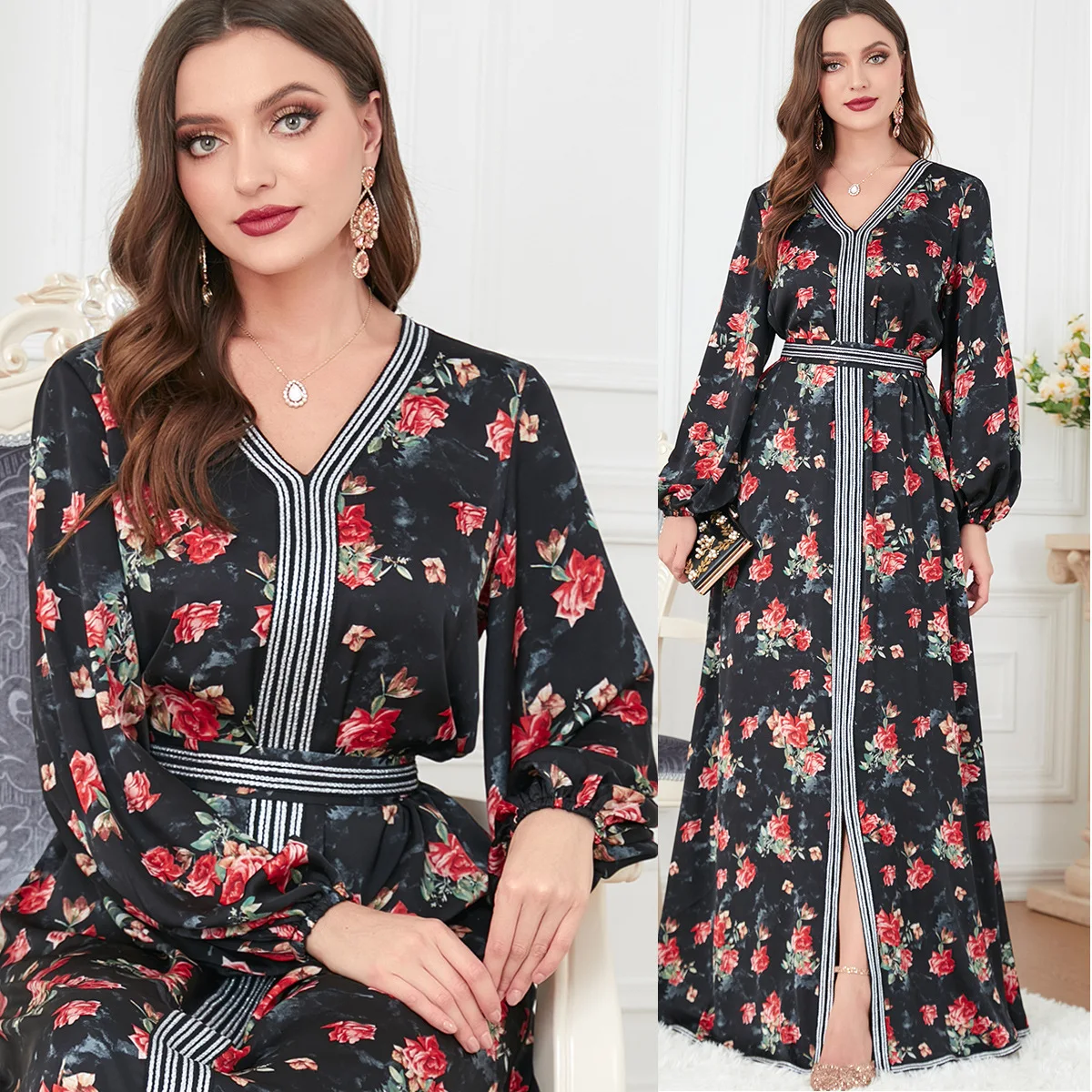 Elegant V Neck Floral Print Dress Ladies 2023 Spring Long Sleeve High Waist Casual Dresses for Women with Belt Muslim Ramadan
