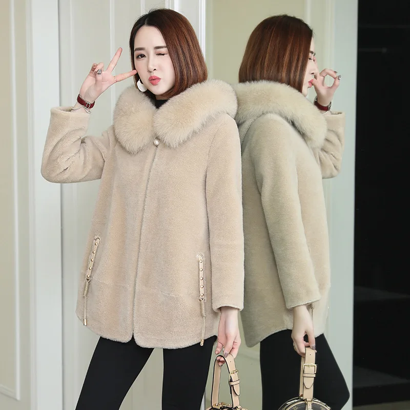 

winter fashion new Sheep Fleece Coat Women's Pellet Wool Fur One Piece Coat Fox Hair Hooded Medium Long Fur Coat2023