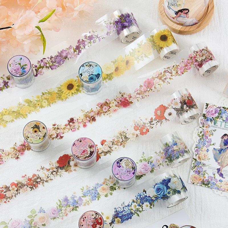 PET Flowers Tapes Sunflower Rose DIY Scrapbooking Art Collage Photo Album Waterproof Tapes 50mm*2m