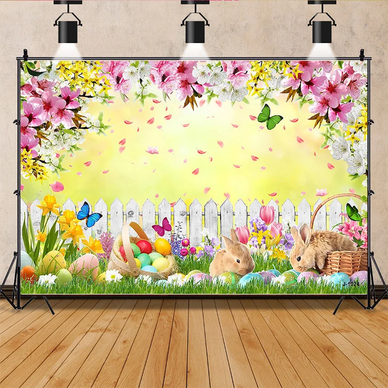 

SHUOZHIKE Green Spring Easter Day Photography Backdrops Props Hare Rabbits Colorful Eggs Wood Photo Studio Background VV-12