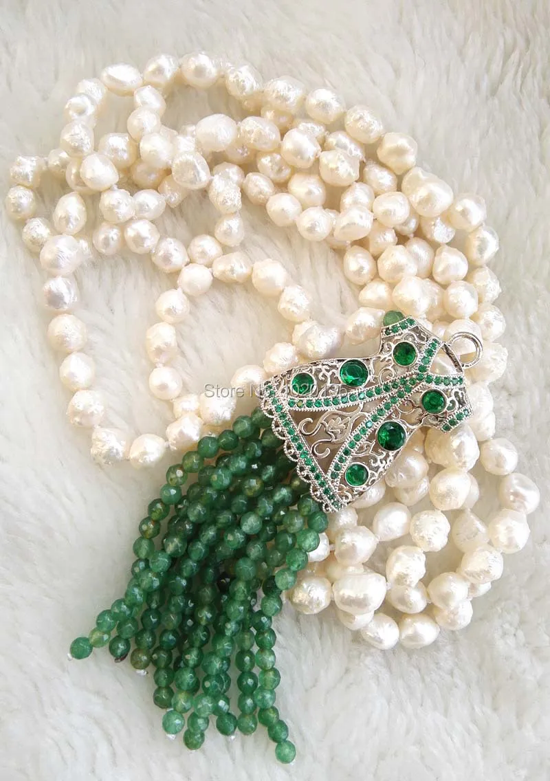 freshwater pearl white  baroque reborn keshi green stone  faceted necklace 60inch nature clothes pendant