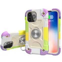 Multifunction Heavy Duty Shockproof Case with Ring Stand and Silicone PC Cover - iPhone 15 Plus (Rainbow white)