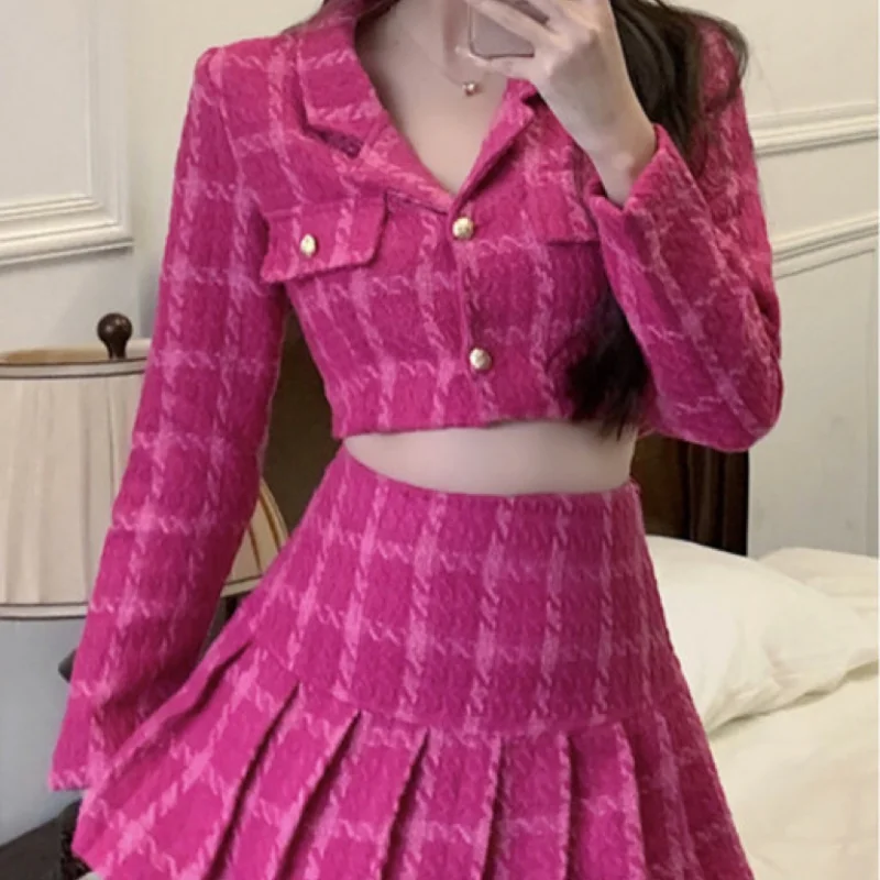 Suit Set Small Fragrant Wind 2023 Spring Autumn V-Neck Plaid Short Coat Women's Pleated Skirt Sweet Age Reducing Retro Set